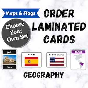 Printed Laminated Cards | Geography | Maps | Flags | Currencies | World Capitals | Landmarks | Montessori Material | Homeschooling