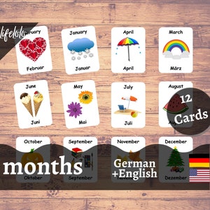 Maanden van het jaar DUITSE Flash-kaarten, 12 tweetalige kaarten, Montessori afdrukbare kleuterschool, thuisschool, afdrukbare download voor kinderen