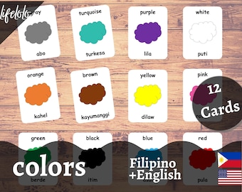 Farben FILIPINO Version - Englische zweisprachige Karten | 12 philippinische Lernkarten | Homeschooling | Tagalog Flash-Karten | 3 Teilige Karten - Printable