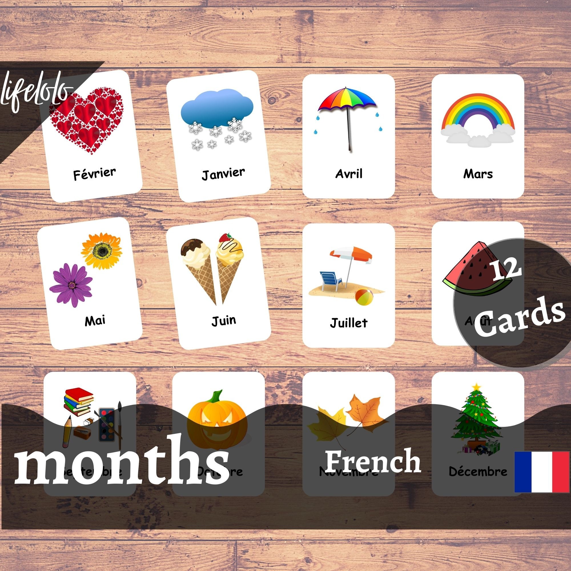 Months of the Year FRENCH Flash Cards, 12 Bilingual Cards