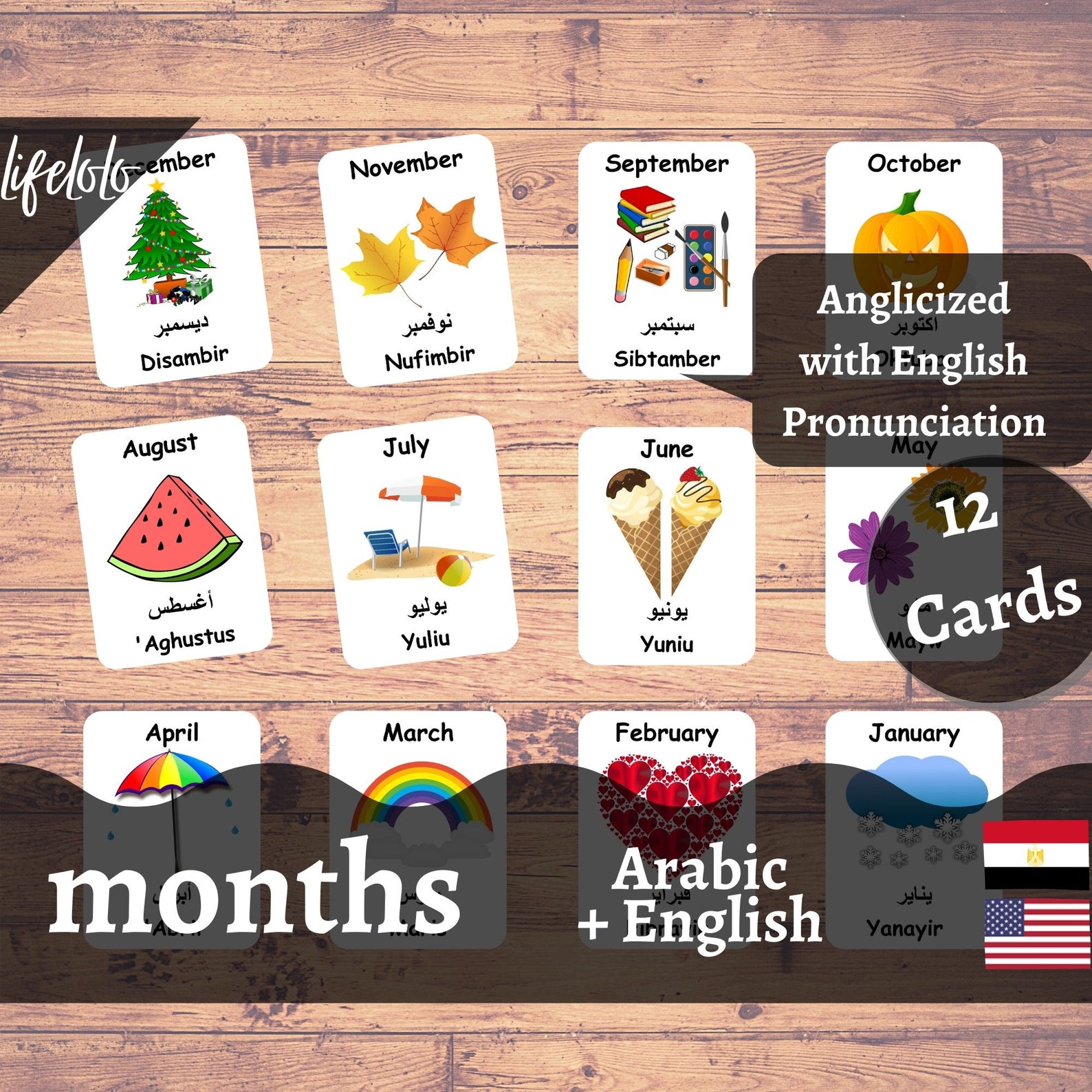 Months of the Year ARABIC Flash Cards, 12 Bilingual Cards, Montessori ...