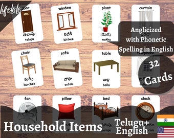 Artículos para el hogar Tarjetas flash TELUGU, Tarjetas bilingües en inglés, Montessori imprimible, Preescolar en casa, Niños imprimibles Descargar pdf