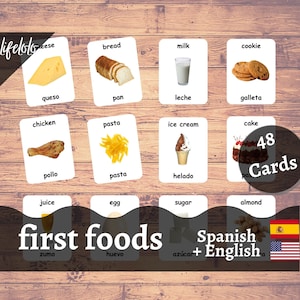 First Foods - SPAGNOLO, 48 Flash Card spagnole, Carte bilingue inglesi, Carte in tre parti, Carte stampabili, Scuola domiciliare, Apprendimento dei giocattoli per bambini