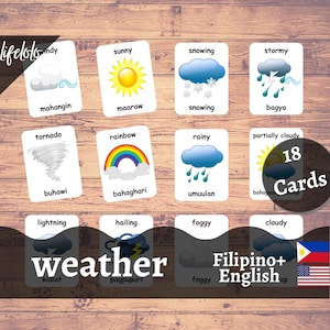Cartões meteorológicos em FILIPINO | Cartões Flash Tagalo | Cartões Bilíngues em Inglês | Materiais Montessorianos | Brinquedos de cartões flash - download para impressão