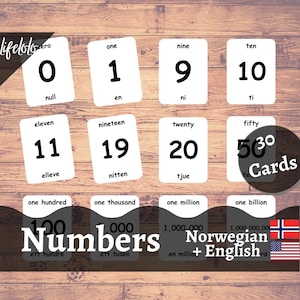 Numeri in norvegese (30 carte) - Schede Flash norvegesi / Matematica Montessori / Bilingue / Homeschooling / Educativo - Download digitale