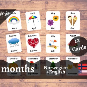 Mesi dell'anno Schede flash NORVEGESI, 12 carte bilingui, Scuola materna stampabile Montessori, Scuola domiciliare, Download stampabile per bambini
