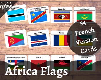 AFRICA FLAGS (FRENCH Version) Flash cards, 54 Montessori Cards, Homeschooling, Kids printable, Printable Cards, afrique flags cartes flash