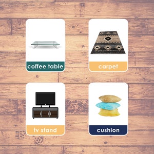 In The Living Room  (24 Cards) - Flashcards | Puzzle | Homeschooling | Educational Material | Three Part Cards - Digital Download