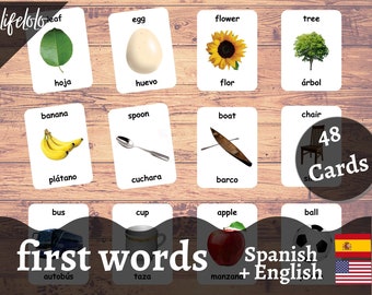 First Words SPANISH Version - English Bilingual Cards | 48 Spanish Flash Cards | Preschool | Montessori | Homeschooling - Printable Download