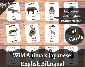 Wild Animals Japanese English Bilingual cards, Montessori Printable, Homeschool Preschool, Kids Printable Download pdf, Japanese flashcards