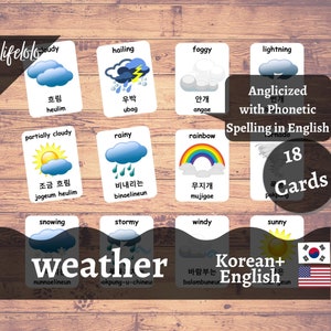 Cartões meteorológicos em COREANO | Cartões Flash Coreanos | Cartões Bilíngues em Inglês | Materiais Montessorianos | Brinquedos de cartões flash - download para impressão