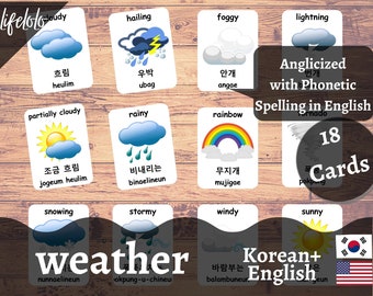 Wetterkarten in KOREANISCHER | Koreanische Flash-Karten | Englische zweisprachige Karten | Montessori Material | Lernkarten Spielzeug - Printable Download