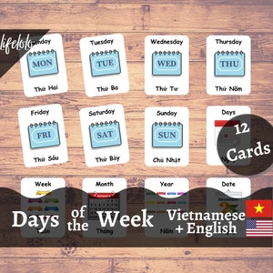 Days of the Week | VIETNAMESE | English Bilingual Cards | 12 Vietnamese Flash Cards | Montessori Materials | Homeschooling - Printable
