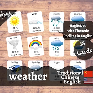 Cartões Meteorológicos em Chinês Tradicional Cartões Bilíngues Inglês | Materiais Montessorianos | Brinquedos de cartões flash - download para impressão