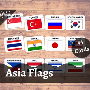 Tarjetas flash de banderas de Asia, 44 tarjetas Montessori, educación en el hogar, niños imprimibles, tarjetas de 3 partes, tarjetas didácticas, Montessori imprimibles, tarjetas imprimibles