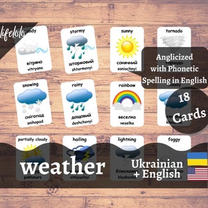Cartões meteorológicos em UCRANIANO | Cartões Flash Ucranianos | Cartões Bilíngues em Inglês | Materiais Montessorianos | Brinquedos de cartões flash - download para impressão