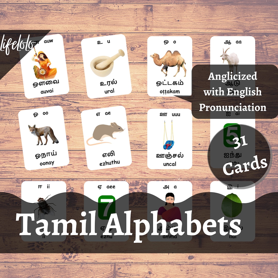 Tamil Alphabets With Words Flash Cards, English Pronunciation