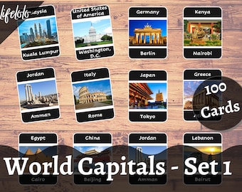 World Countries and Capitals (Set 1) | 100 Flash Cards, Montessori Cards, World Capital Cities, Homeschooling, 3 Part Card, Printable Cards
