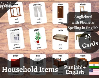 Household Items Punjabi Flash cards, English Bilingual Cards, Montessori Printable, Homeschool Preschool, Kids Printable Download pdf