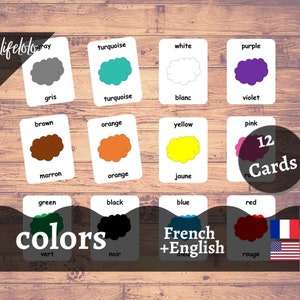 Cores Versão FRANCÊS - Cartões Bilíngues Inglês | 12 cartões flash franceses | Ensino em casa | Montessoriano | Cartões de três partes - download para impressão