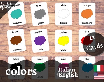 Colors ITALIAN Version - English Bilingual Cards | 12 Italian Flash Cards | Homeschooling | Montessori Materials | 3 Part Cards - Printable