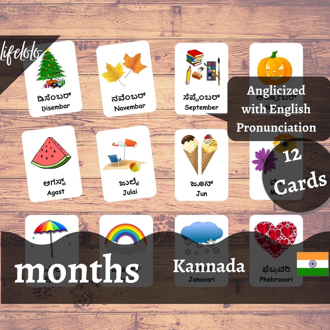 Months of the Year KANNADA Flash Cards, 12 Bilingual Cards, Montessori ...
