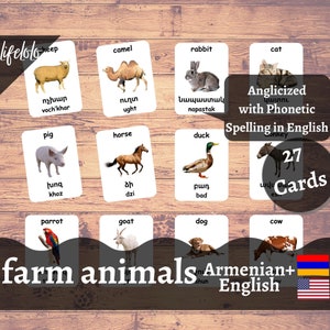 Farm Animals | ARMENIAN | English Bilingual Cards | 27 Armenian Flash Cards | Three Part Cards | Nomenclature Materials - Digital Download