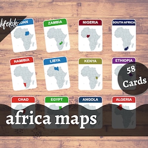 AFRIKA KARTE Flash-Karten, 58 Montessori-Karten, dreiteilige Karten, Nomenklatur-Karten, druckbare Kinderkarten, druckbare Karten, Montessori-Karteikarten