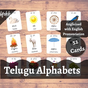 Alfabeti telugu con parole Schede flash, Pronuncia inglese, stampabile in età prescolare, flashcard Varnamala con lettere telugu, Schede stampabili