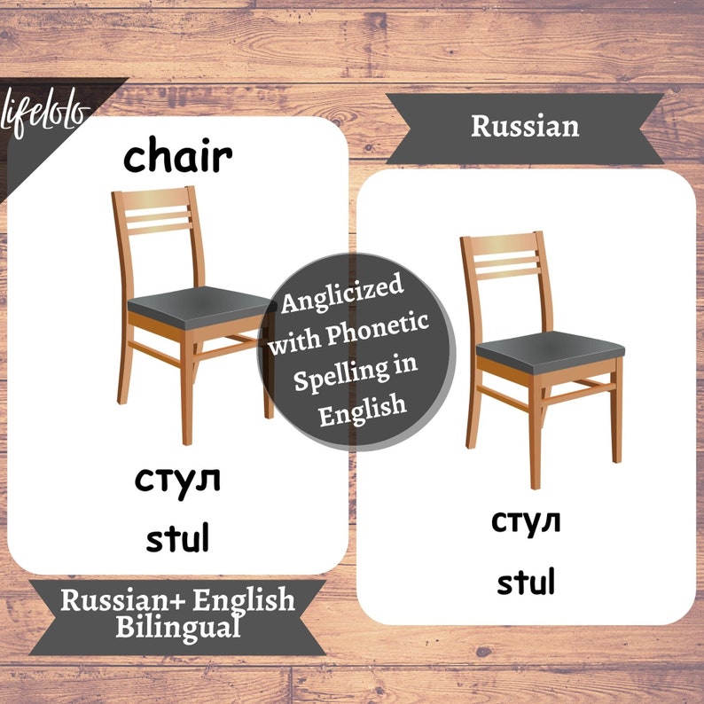 May include: A bilingual educational flashcard with a picture of a wooden chair. The English word "chair" is at the top of the card. The Russian word "стул" is written below the image, and the word "stul" is written below that. The card also includes the words "Anglicized with Phonetic Spelling in English" and "Russian + English Bilingual".