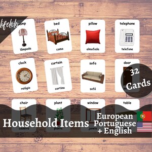 Articles ménagers Cartes Flash PORTUGAISE EUROPÉENNES, Cartes bilingues, Montessori Imprimable, École à la maison, École maternelle, Téléchargement imprimable pour enfants