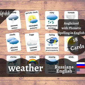 Cartões Meteorológicos em RUSSO | Cartões Flash Russos | Cartões Bilíngues em Inglês | Materiais Montessorianos | Brinquedos de cartões flash - download para impressão