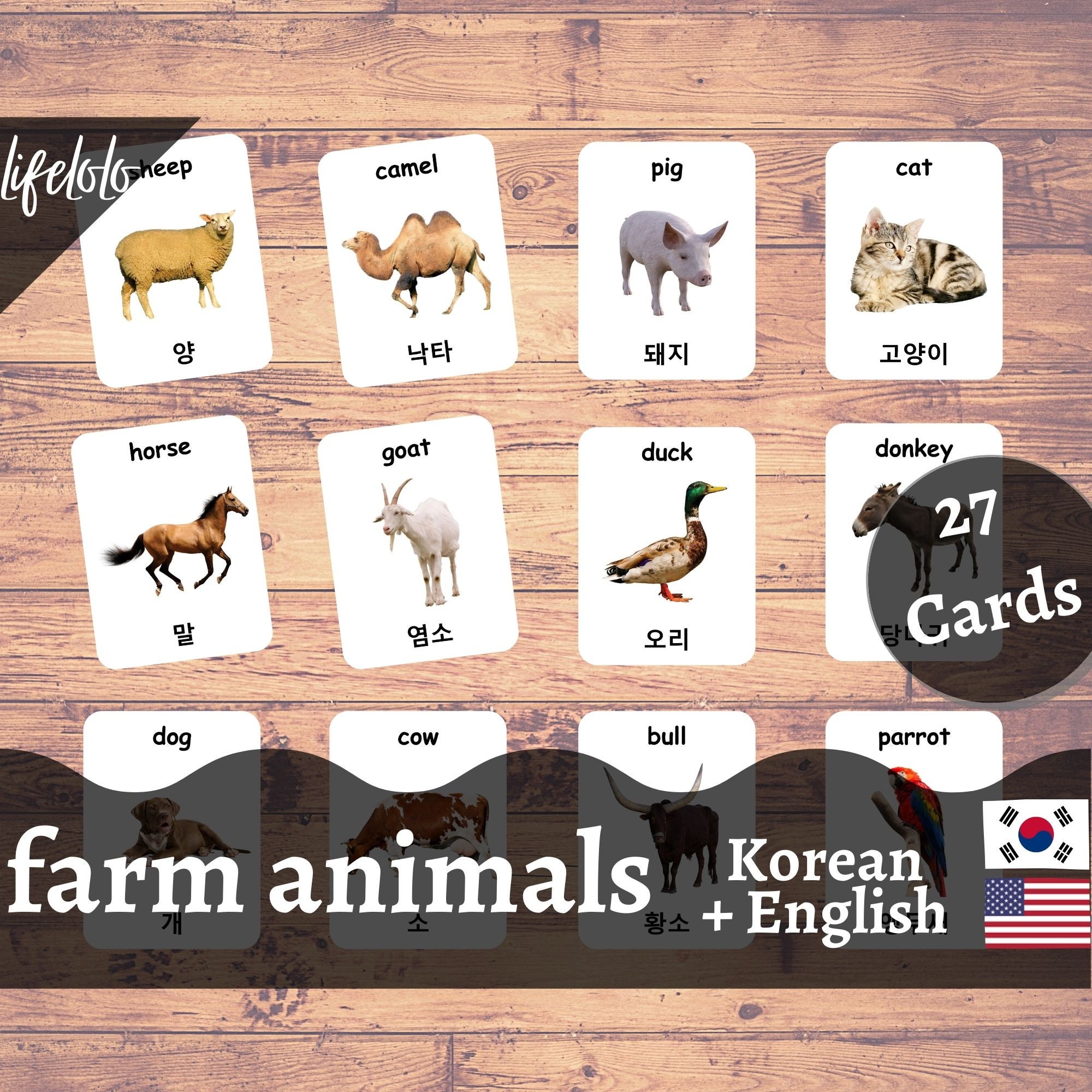 Farm Animals KOREAN English Bilingual Cards 27 Korean Etsy