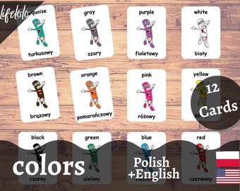 Colors POLISH Version - English Bilingual Cards | 12 Polish Flash Cards | Homeschooling | Montessori | Three Part Cards - Download Printable