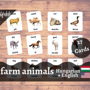 Farm Animals | HUNGARIAN | English Bilingual Cards | 27 Hungarian Language Cards | Homeschooling | Three Part Cards - Digital Download