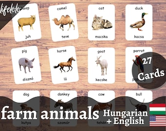 Farm Animals | HUNGARIAN | English Bilingual Cards | 27 Hungarian Language Cards | Homeschooling | Three Part Cards - Digital Download