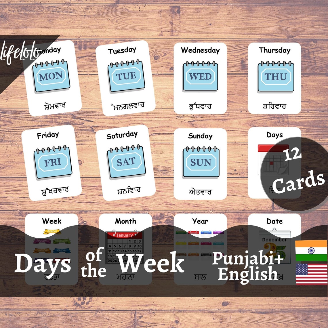 Days of the Week | PUNJABI | English Bilingual Cards | 12 Punjabi Flash ...
