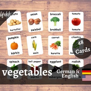 May include: A set of 48 flashcards featuring vegetables with English and German names. The cards are white with a colorful image of the vegetable and the name in both languages.