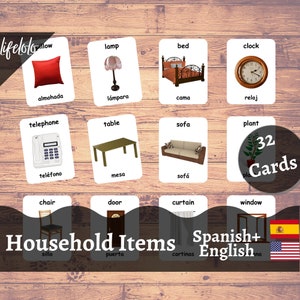 Huishoudelijke artikelen Spaanse Flash-kaarten, Engelse tweetalige kaarten, Montessori afdrukbaar, Homeschool Preschool, kinderen afdrukbare Download PDF