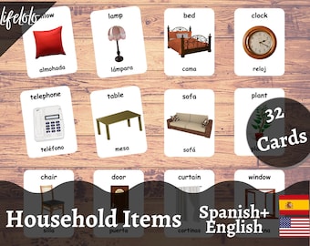 Household Items Spanish Flash cards, English Bilingual Cards, Montessori Printable, Homeschool Preschool, Kids Printable Download PDF