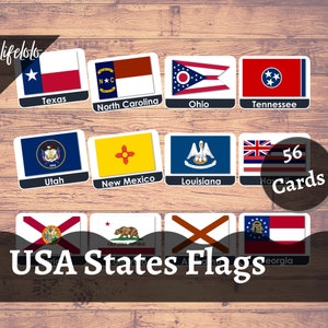 May include: A set of 56 cards featuring the flags of all 50 US states, plus 6 US territories. The cards are white with a black border and the state name printed below each flag.