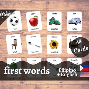First Words FILIPINO Version - Englische zweisprachige Karten | 48 philippinische Lernkarten | Tagalog Lernkarten | Montessori - Printable Download