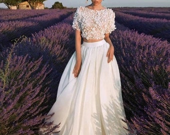 Boho 3D Lace Appliques Chiffon Short Sleeves Two Piece Wedding Dress