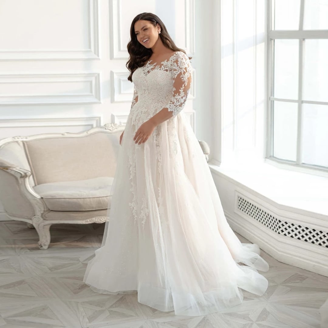 Plus Size 3/4 Sleeves Tulle Lace Applique Elegant Wedding Dress - Etsy