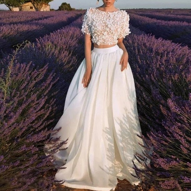 Summer Flowy Beach Lace Crop Top Chiffon Skirt Two Piece Wedding Dress