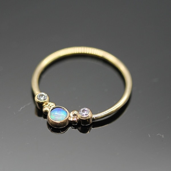 16g or 18g Solid 14k Gold (NOT plated or filled) With 3mm Opal and 2 Real Diamonds 1.8mm VS1 E/F Color