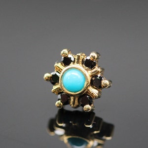 BVLA Yellow gold pin mini Toltec with black diamonds and turquoise