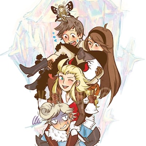 May include: A cartoon illustration featuring four characters in a stack, set against a large crystal shape. The characters are dressed in different outfits, with one sporting a butterfly accessory. The words "bravely default" are written at the bottom.