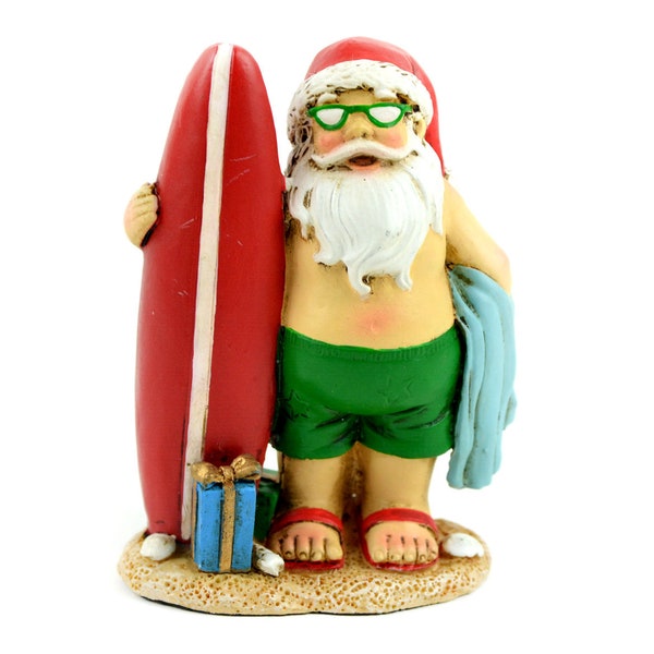 Miniature Surfboard Santa Garden Gnome, Beach Scene, Home Decor, 3.25 Inches Tall, Fairy Garden Accessories