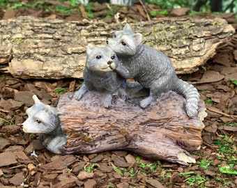 Three Miniature Raccoons Playing on a Log, Gift for Grandma, Gift for Mom, Home Decor